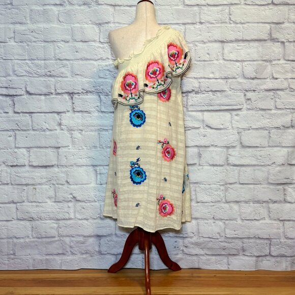 Anthropologie Plenty by Tracy Reese Cream Embroidered Floral One Shoulder Dress - Picture 2 of 6